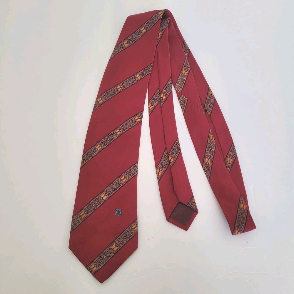 Celine Men's Neck Tie Made In Spain Designer Silk Red Stripped Boho Logo